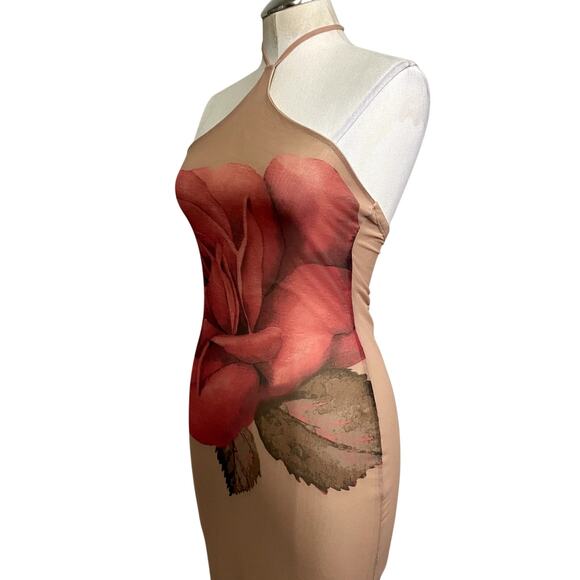 Romantic Rose Mesh Halter Tie Back Bodycon Midi Dress Burnout - Picture 5 of 12